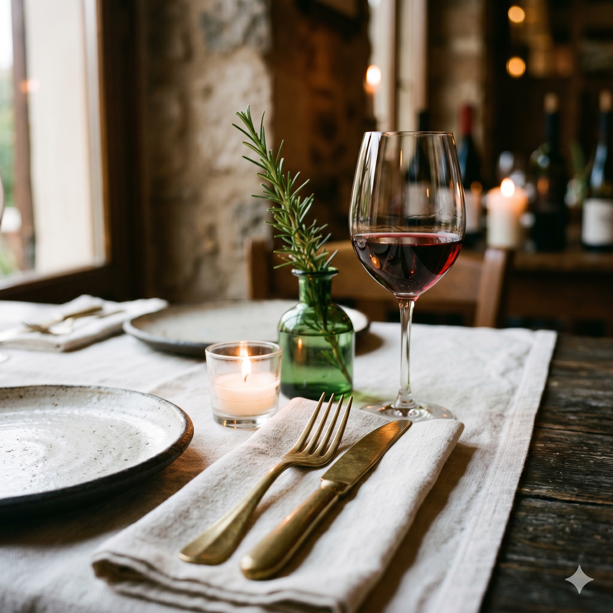Place setting at Medusa — red wine, brass cutlery on linen, candle, rosemary sprig