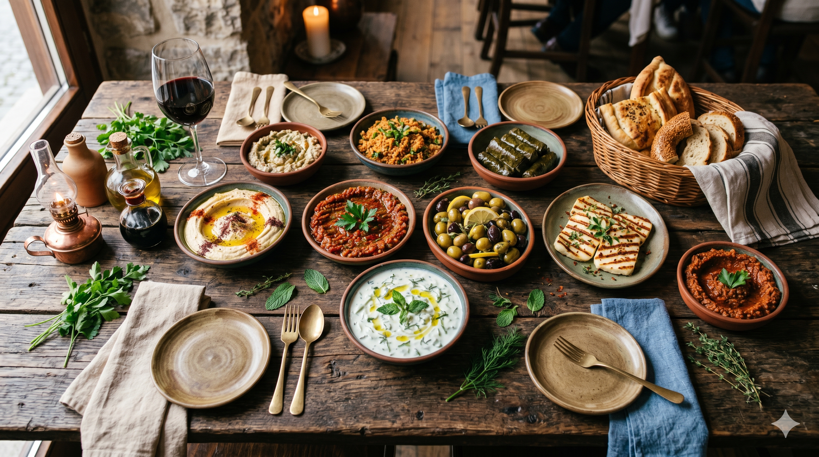 Overhead view of a Mediterranean meze spread — hummus, ezme, olives, grilled halloumi, bread basket